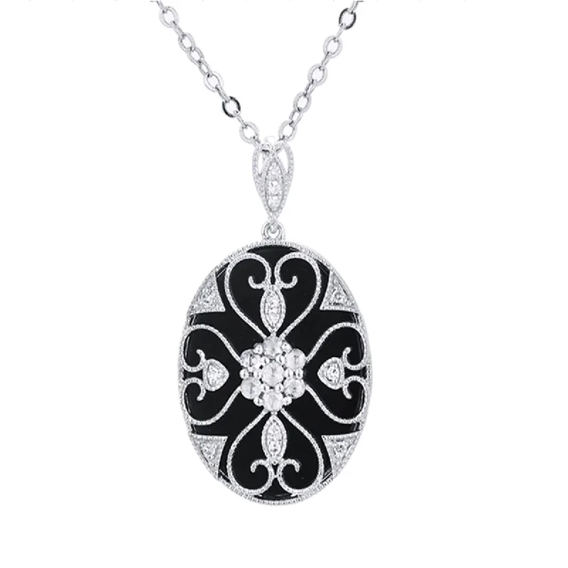 minimalist gold square earrings WHITE GOLD VINTAGE STYLE PENDANT WITH BLACK ONYX AND DIAMONDS, .18 CT TW