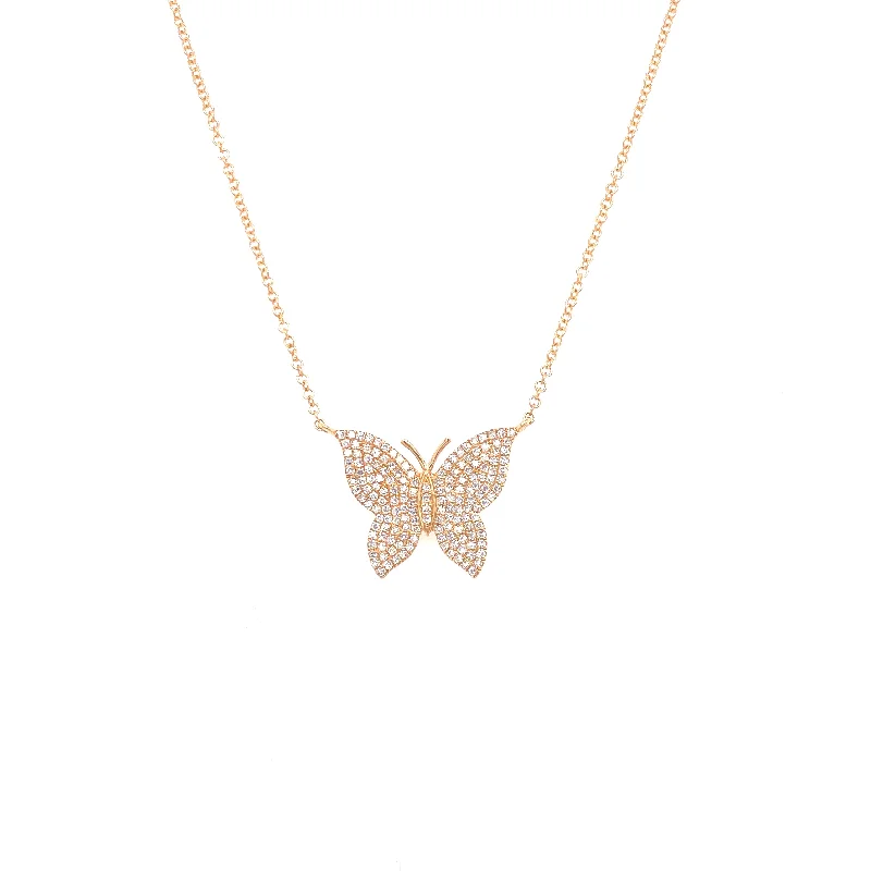 14K Yellow Gold Pave Diamond Butterfly Necklace