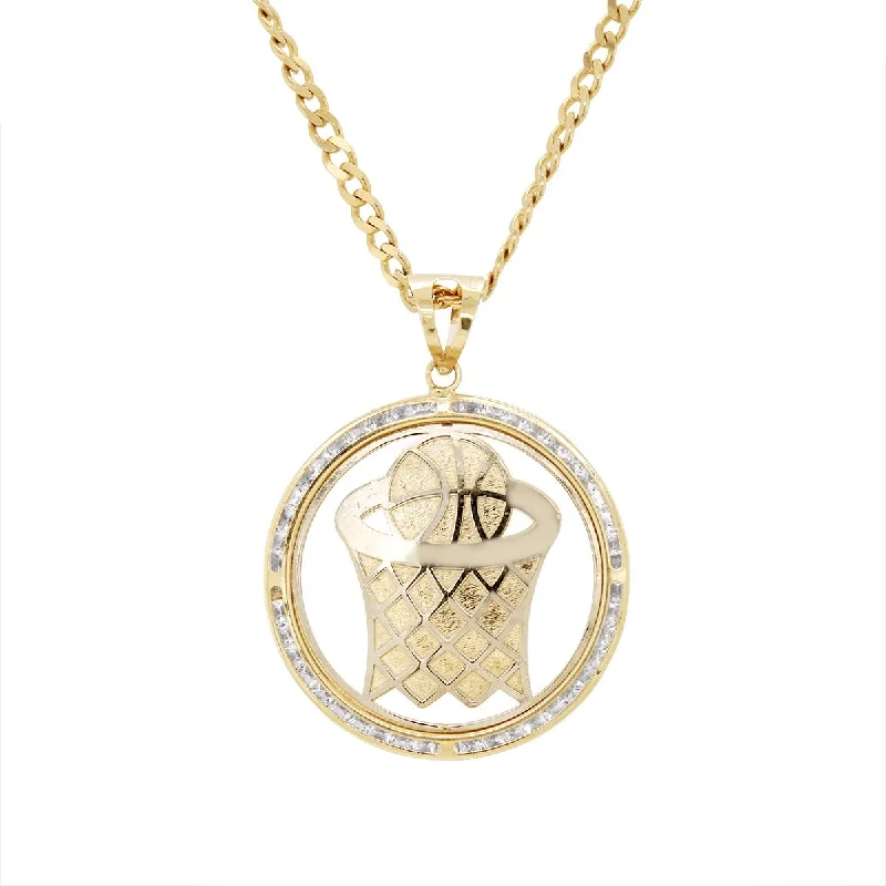 unique crystal bar necklace YELLOW GOLD BASKETBALL HOOP CHARM PENDANT