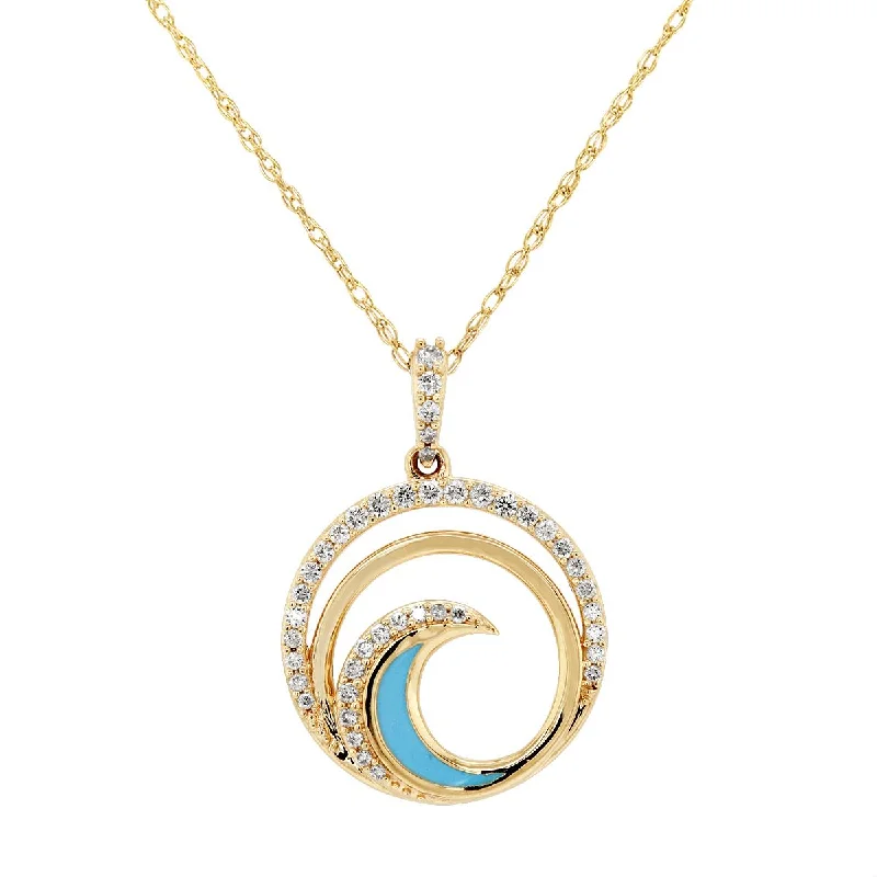 YELLOW GOLD CIRCLE PENDANT WITH BLUE WAVE AND DIAMONDS, .20 CT TW