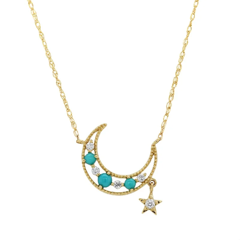 art deco diamond bracelet YELLOW GOLD MOON AND STAR PENDANT WITH TURQUOISE AND DIAMONDS, .08 CT TW