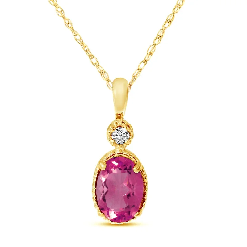 diamond halo pendant necklace YELLOW GOLD PENDANT NECKLACE WITH OVAL PINK TOPAZ AND DIAMOND, .01 CT TW diamond halo pendant necklace YELLOW GOLD PENDANT NECKLACE WITH OVAL PINK TOPAZ AND DIAMOND, .01 CT TW